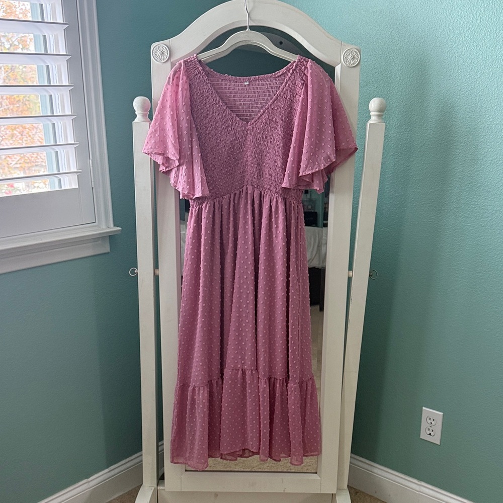 Pink Flutter Sleeve Midi Dress